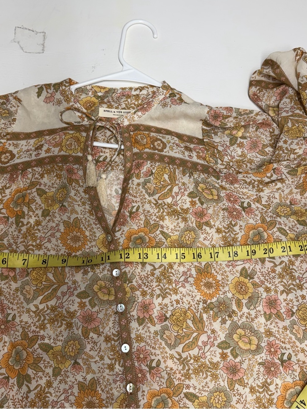 Spell & the Gypsy Boho Floral Tassel Blouse - Cream & Mustard sz Small - Picture 4 of 9